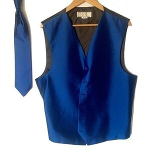 Men’s L Long Royal Blue Satin Formal Vest w Tie